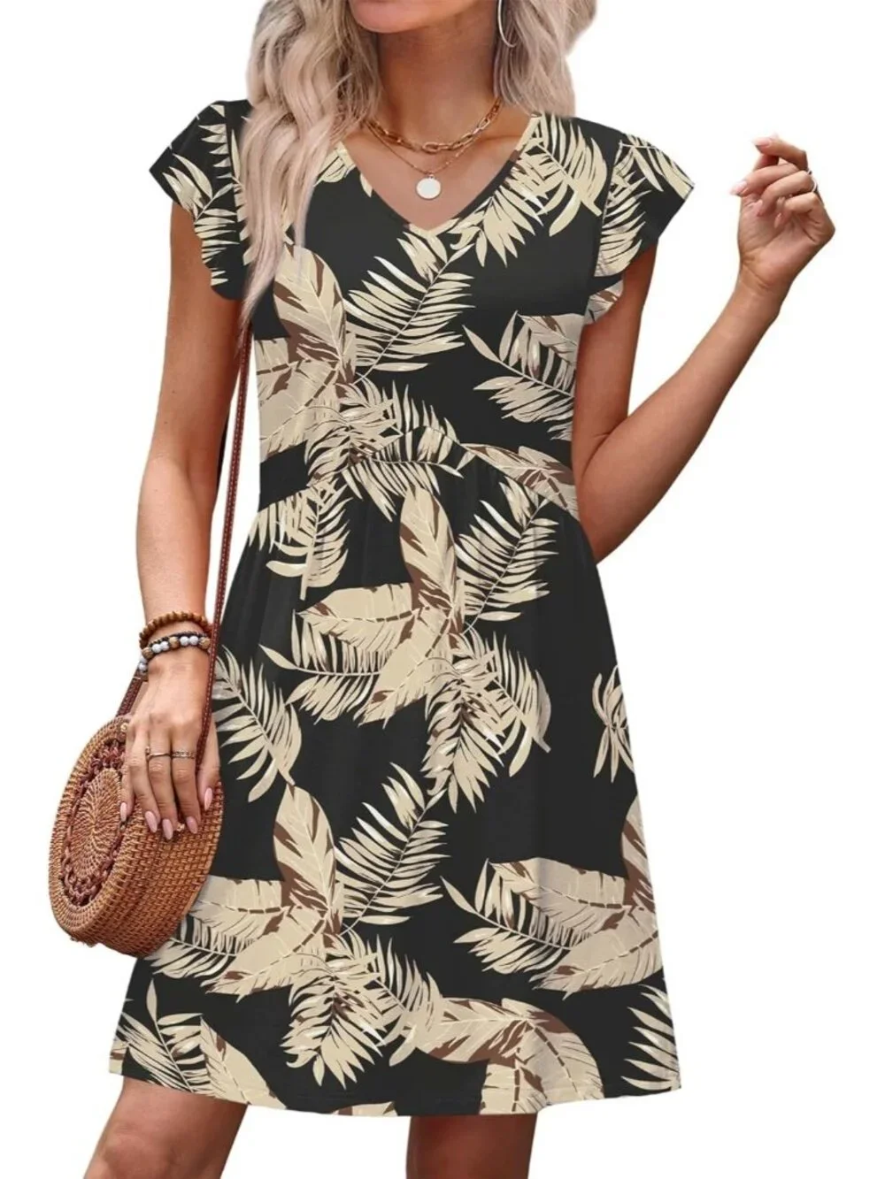 Women Black Apricot Floral  Ruffle Sleeve Baby Doll V Neck Imported Causal Dress